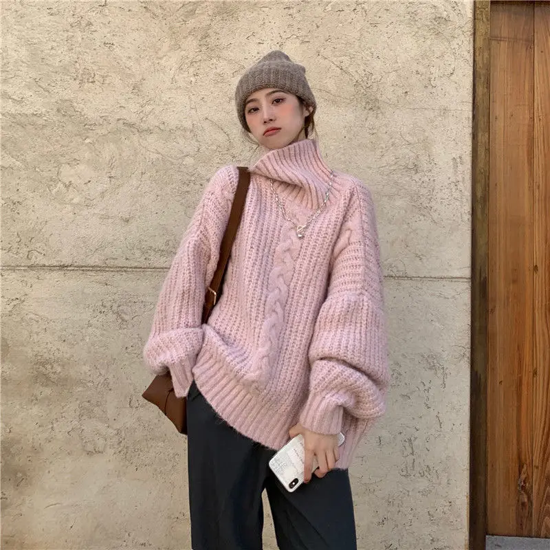 

2022 New Arrival Autumn Korean Style Women Half High Collar Long Sleeve Pullover All-matched Vintage Knitted Sweater P734