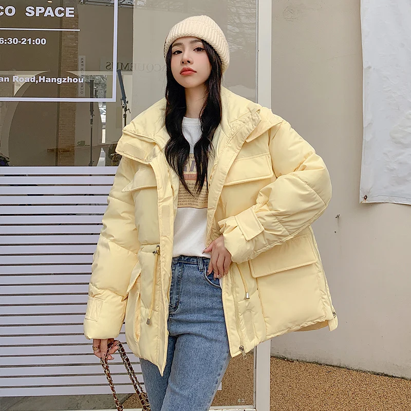 Winter Cotton Padded Down Parkas Womens Casacos De Inverno Feminino 2022 Safari Style Drawstring Pocket Warm Hooded Jacket Coats