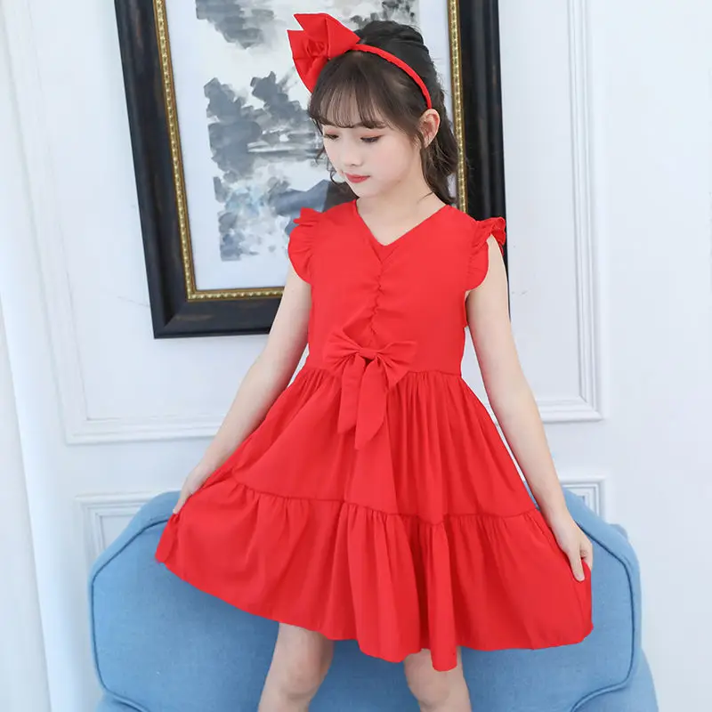 

Платья для девочек, Новинка лета 2022, платья принцессы, детское корейское эластичное платье без рукавов для девочек с бантом, детская одежда ...