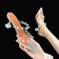2022 new pvc transparent silver rivet pumps perspex heel high heels pointed toe crystal bling slingbacks women pumps