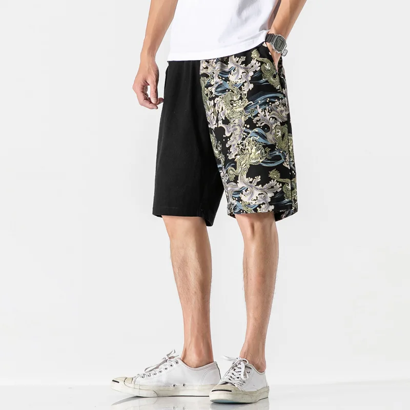 Chinese Style Print Crane Men Shorts Patchwork Contrast Cotton Lagre Size Trousers Casual Loungewear Lingerie Home Pant