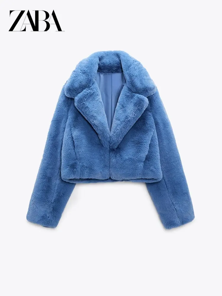 

ZABA Autumn Winter ZAR Women Blue Faux Rabbit Fur Casual Jacket Long Sleeve Artificial Fur Short Jackets Lapels Solid Color Coat