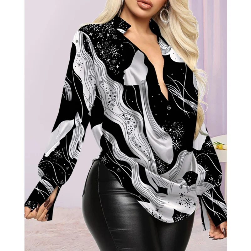 

Женская футболка с длинным рукавом, элегантная повседневная свободная футболка с графическим принтом и воротником-стойкой, уличная одежда