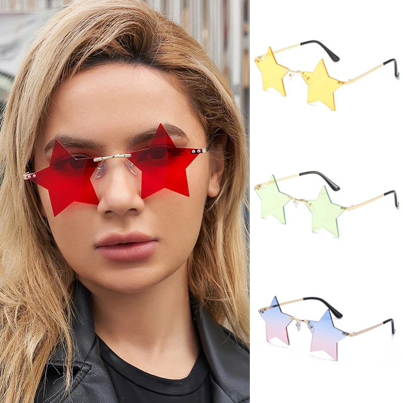 

Star Shape Mirror Rimless Sunglasses Vintage Unique Pentagram Metal Frame Sun Glasses For Women Girls Funny Punk Party Eyewear