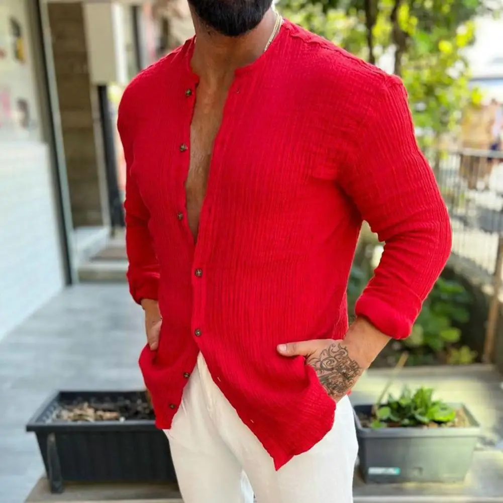 

Soft Trendy Casual Pure Color Men Tops Button-down Spring Top Stand Collar for Home