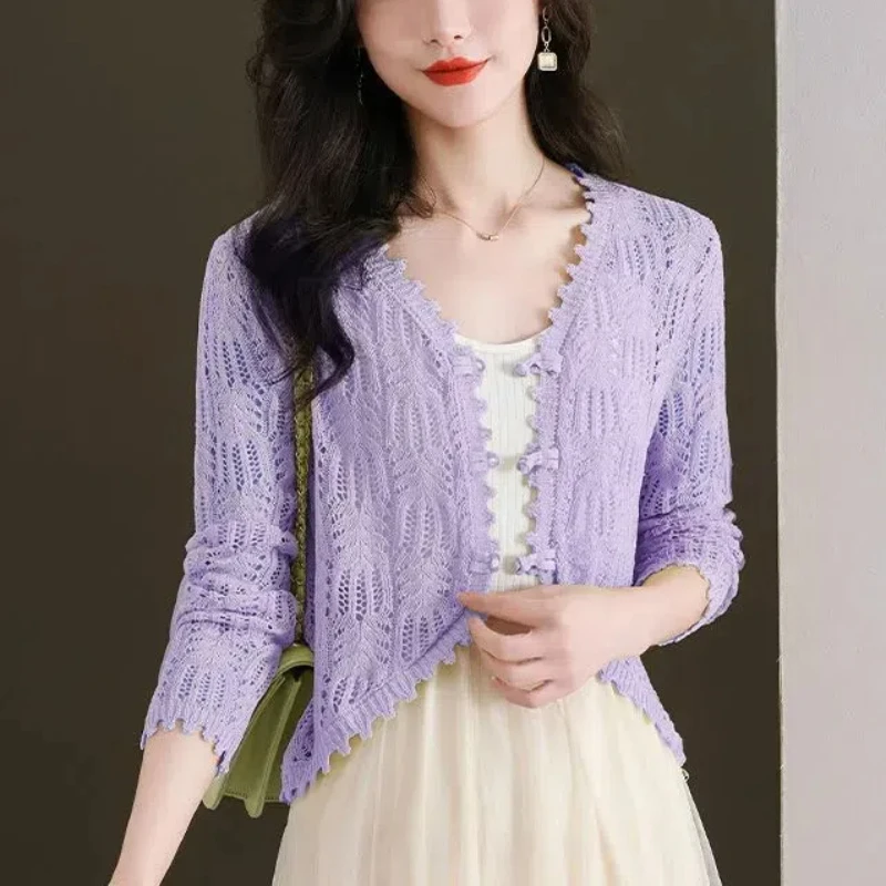 Ажурный вязаный кардиган женская летняя нишевая уникальная тонкая стильная