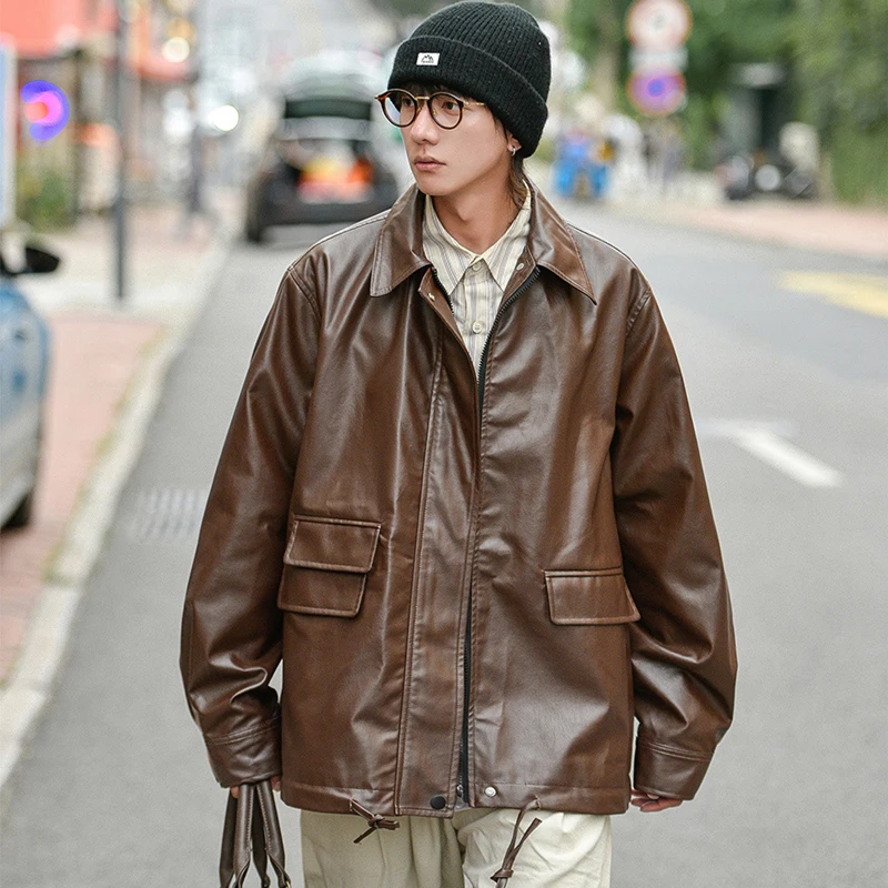 

2022 New Men's Vintage Leather Jacket Autumn Brand New Causal Design Motor Biker Pocket PU Leather Jacket Men Trend Fashion Coat