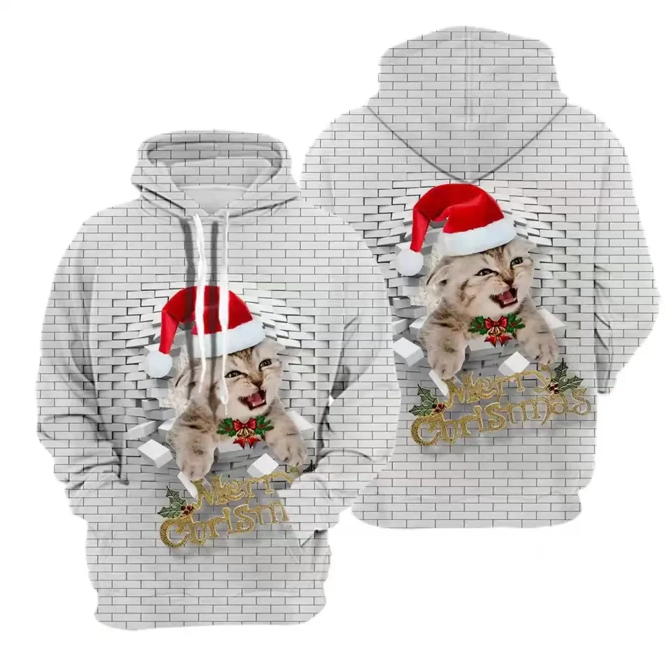 

Новинка, праздничная одежда с Санта-Клаусом, топы с котом из полиэстера, популярный пуловер с длинным рукавом и рисунком 3D, с рисунком стены, Рождественская Толстовка Унисекс