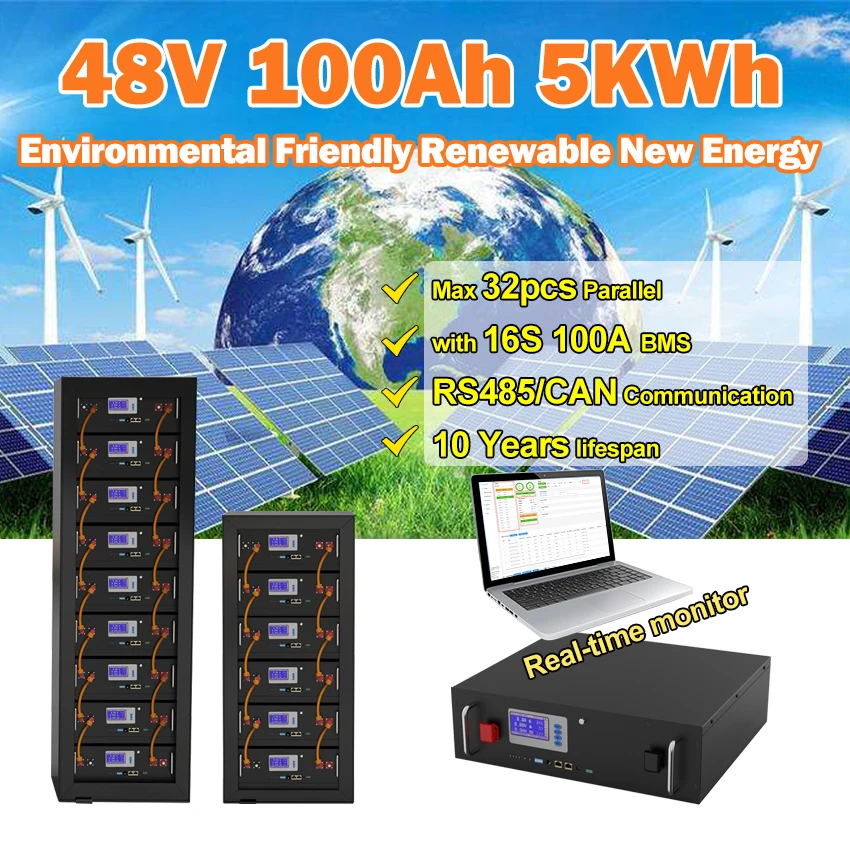 

48V 100Ah LiFePO4 200Ah 150Ah Battery Pack 51.2V 5KWh with RS485 CAN Communication Max 32 Parallel for Energy Storage UPS