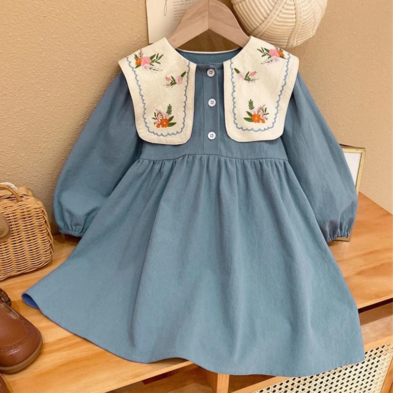 

2023 New Spring Autumn Long Sleeve Lapel Casual Dress Embroidered Kid Clothes Girl Korean Style Children Dress