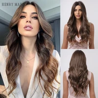 henry margu long brown golden ombre synthetic wigs natural wave hair wigs for black women highlight cosplay heat resistant wig