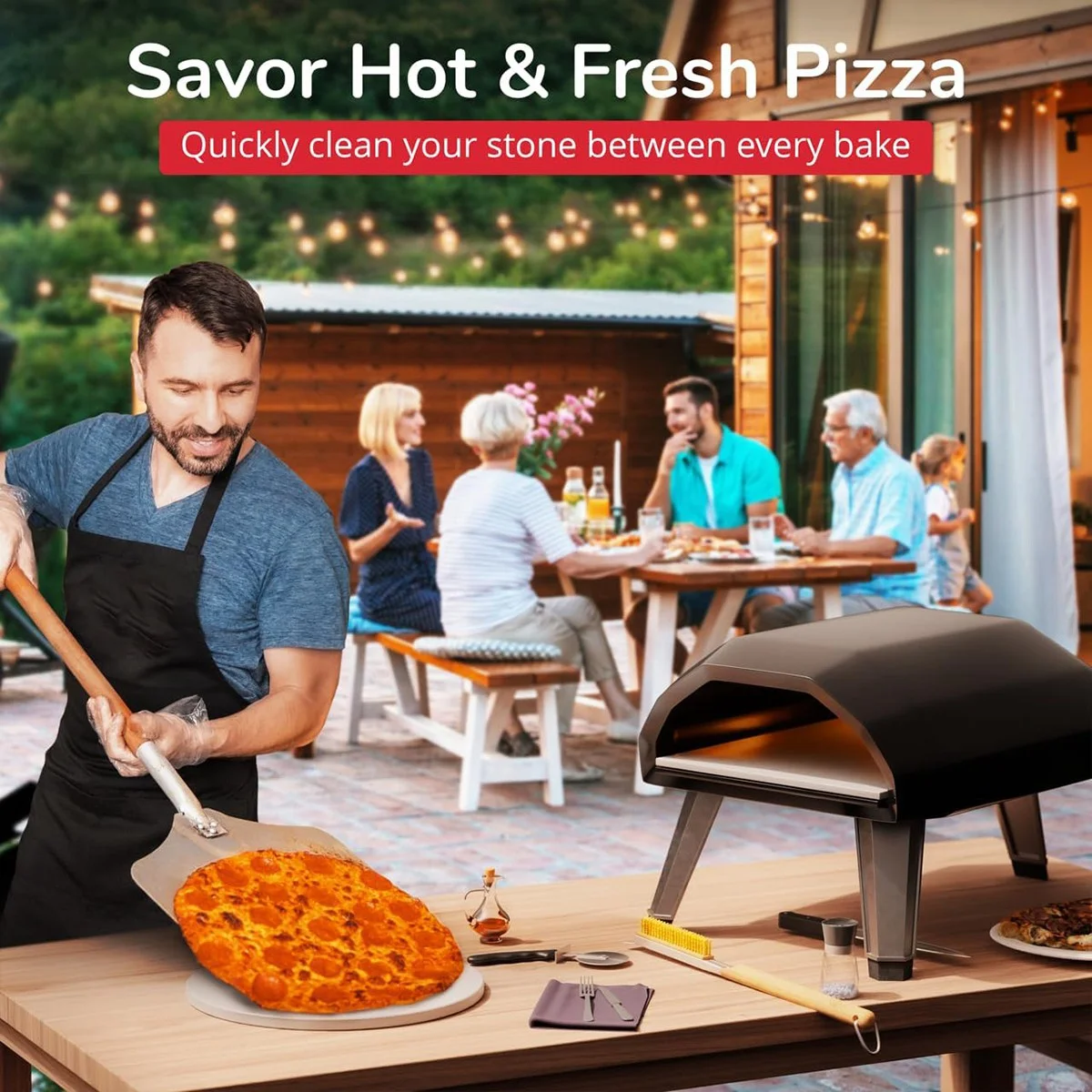 Щетка для духовки и камня пиццы со скребком 21 дюйм — чистый камень между каждыми
