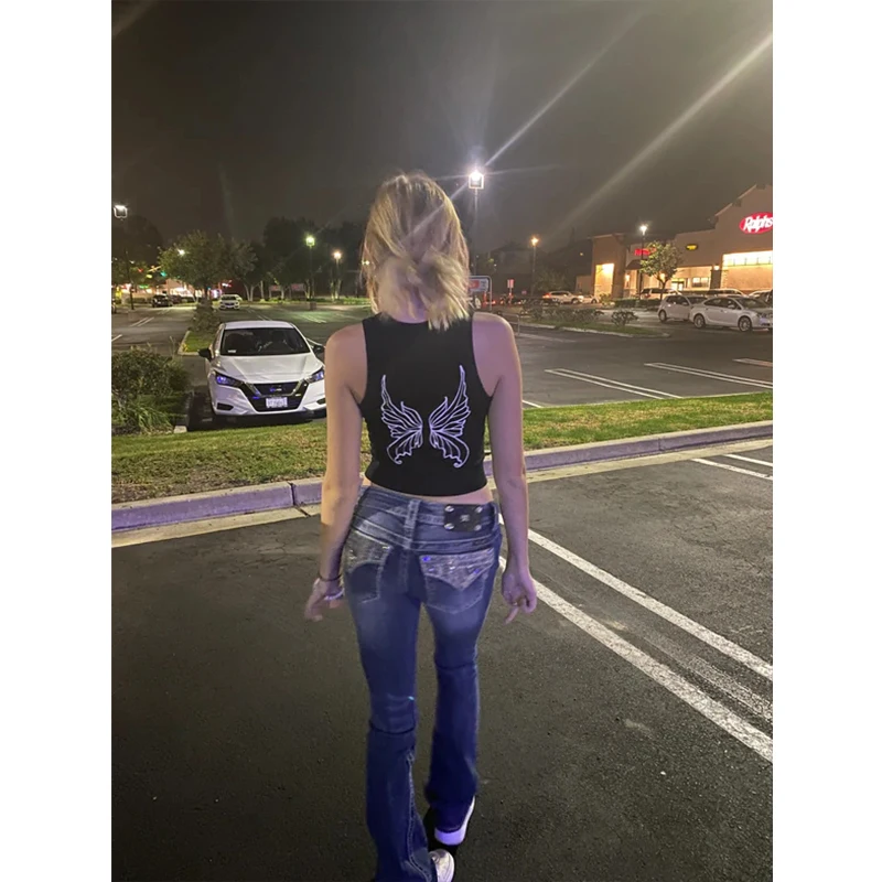 

High Street Digital Y2K Wings Butterfly Sleeveless Off ShoulderClothing Casual 90S Sexy Harajuku O Neck Striped Print Top Women