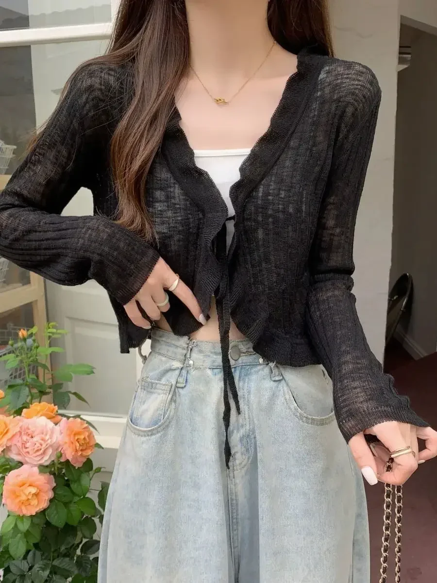Осенний новый однотонный тонкий кардиган женский милый элегантный черный