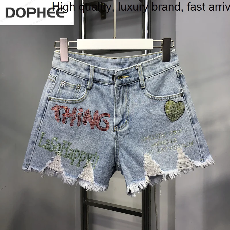 

Lettering Drill Colored Ripped Jeans 2023 New Summer All-match High Waist Loose A-line Wide Leg Hot Denim Shorts