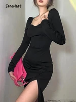 senecinet elegant sexy high split long dress long sleeve square collar black evening party women clothes 2022 autumn slim dress