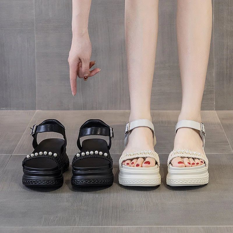 Pearls Deco 7cm Platform Design  Women Wedge Sandals Genuine Leather Buckle Women Breathable Slippers Summer Ladies Chunky Shoes