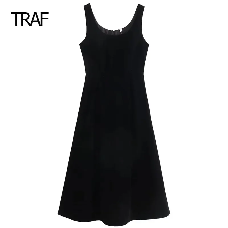 

TRAF Womens Dresses Autumn Winter Velvet Slip Dresses Midi Black O-Neck Sleeveless Dress Elegant Party Dresses For Women Luxury