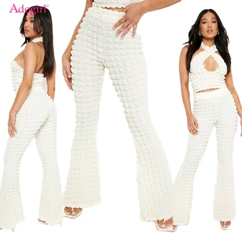 Adogirl Popcorn Cloth Two Piece Set Women Sexy Cross Halter Backless Vest Crop Top Slim High Waist Flare Pants Fashion Suits 1