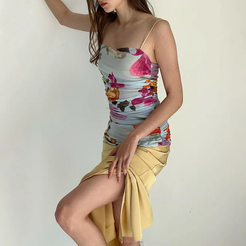 

MARCELO Summer New Vintage Print Strap Dress Sexy Spicy Girl Open Back Colored Long Skirts Female Party Camis Ankle-length Dress