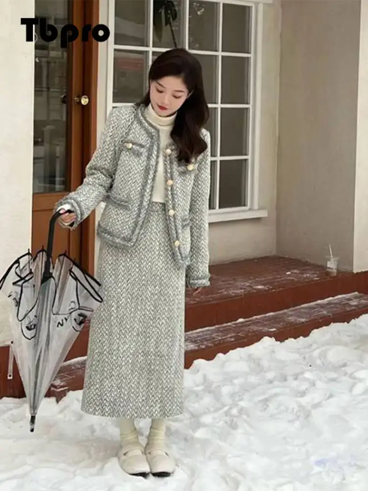 

Утепленный твидовый топ и юбка, комплект из 2 предметов, Женское пальто с золотыми пуговицами, женский элегантный костюм средней длины на осень и зиму