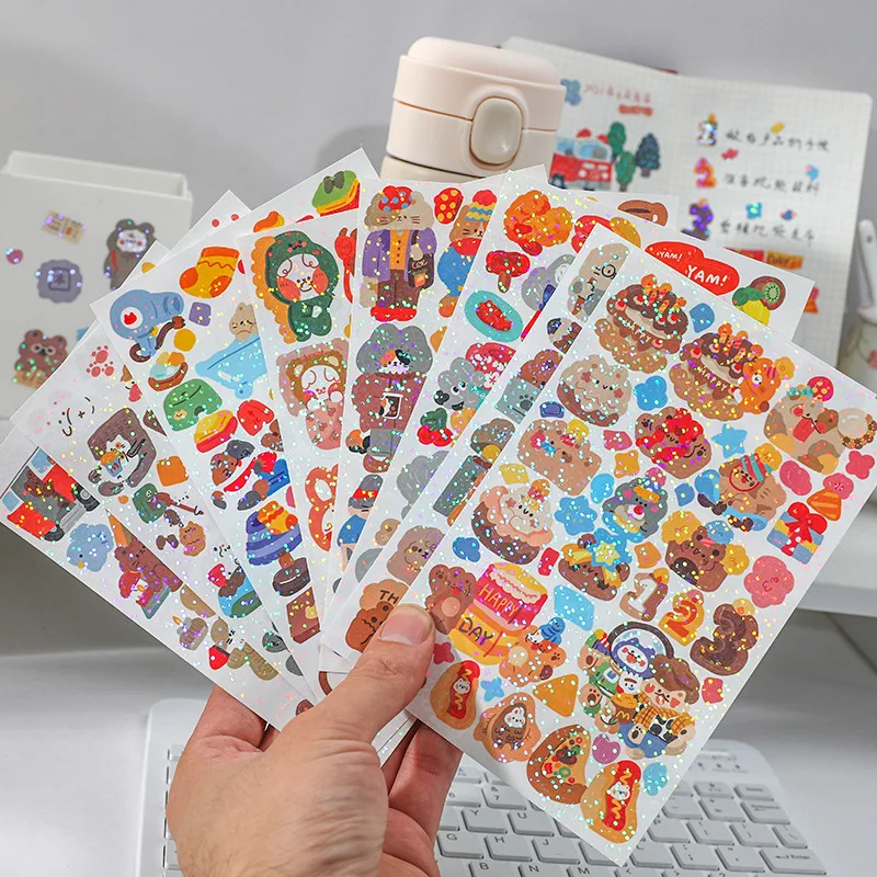 

1Sheet Paper Laser Cute Cartoon Glitter Bear Cat Decorative Stickers for DIY Scrapbooking Water Bottle Journal Stationery