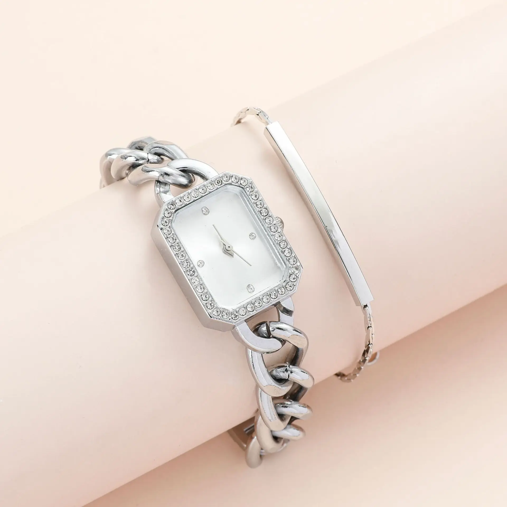 Hot new fashion women's Korean version of the simple hollowed out chain small square watch + simple bracelet set 2 pieces