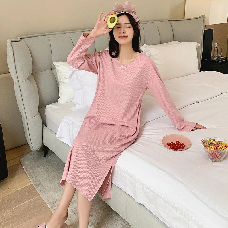 M-4XL Korean Simple Long Sleeve Spring Autumn Nightgowns Women Plus Size Cotton Sleepwear Dress Female Nightwear Night Shirt