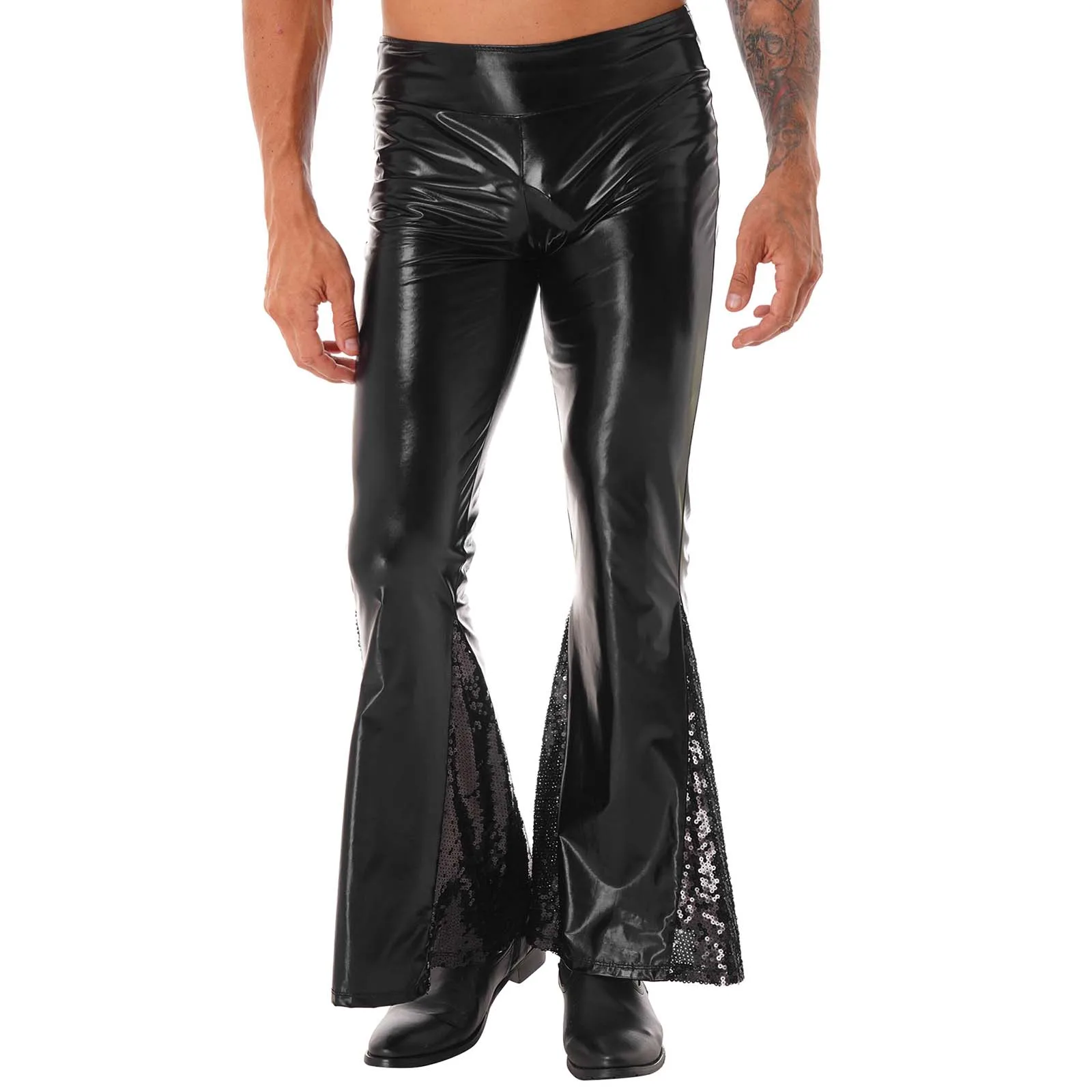 

Man Punk Retro 80s Style Pants Mens Glossy Bell-Bottomed Trousers Sequin Flared Pants Modern Dance Club Stage Show Dance Costume