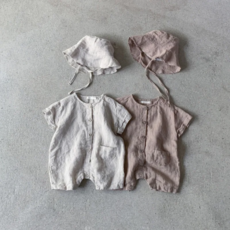 

Infant children's clothing Japanese cotton and linen short-sleeved jumpsuit cool and breathable baby summer simple short climb