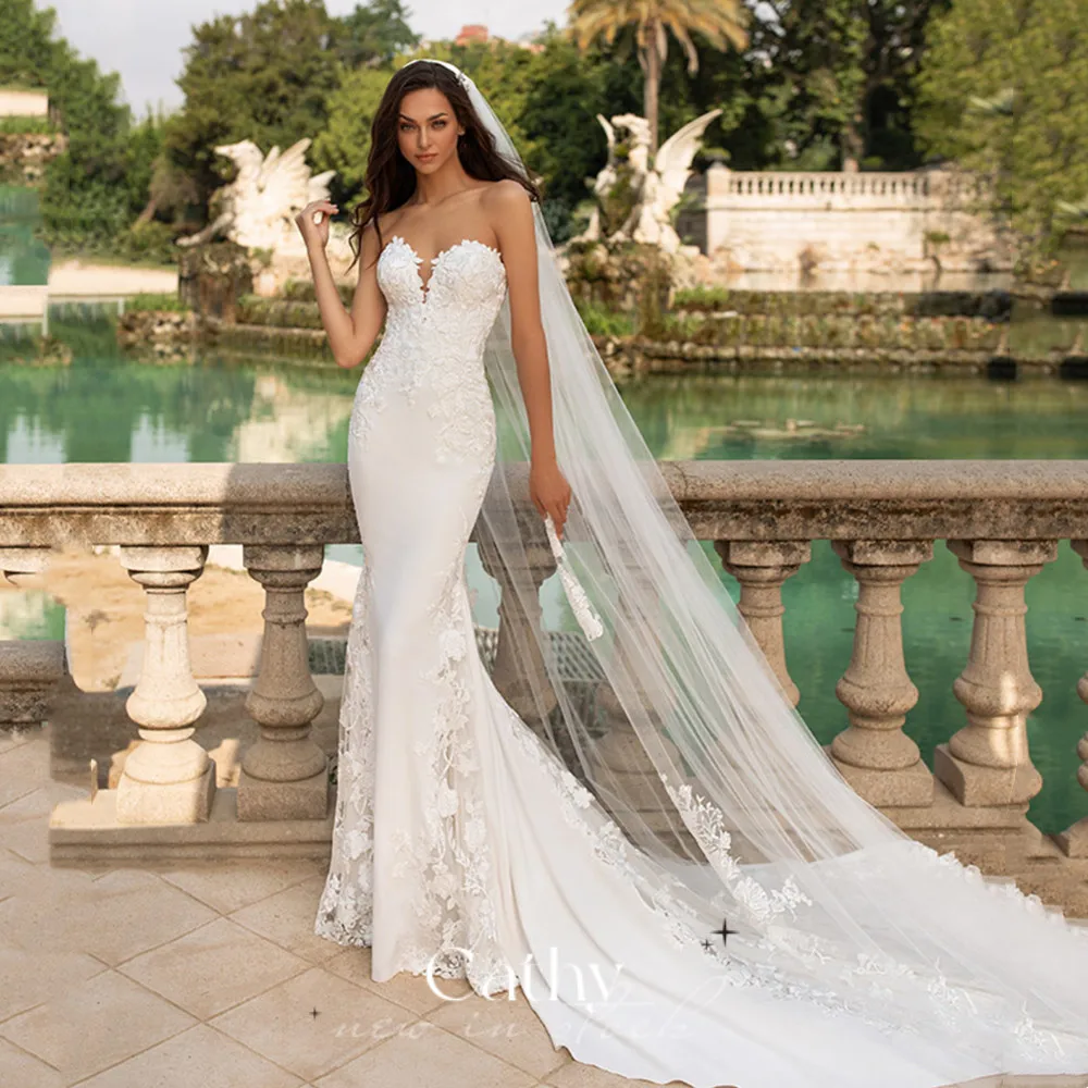 

Romantic Fishtail Robe Mariée Luxury Strapless Mermaid Wedding Dress Beach Lace Embroidery Sweep Train Vestidos De Novia