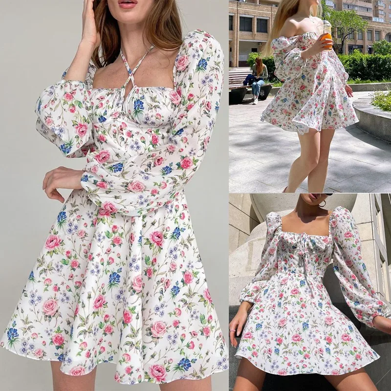 

Floral Dress Women Lantern Long Sleeve Ruched Print Square Neck Tie Up Mini Sexy Chic Summer Beach Dress