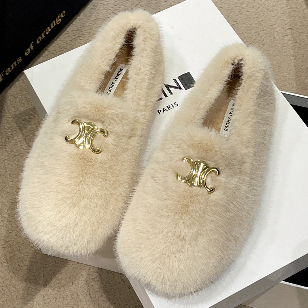 

Mary Jane Ballet Flat Sneakers Winter House Lolita Fluffy Fur Slip-on Barefoot Luxury Brand Woman Shoe Elegant Loafers Fashion