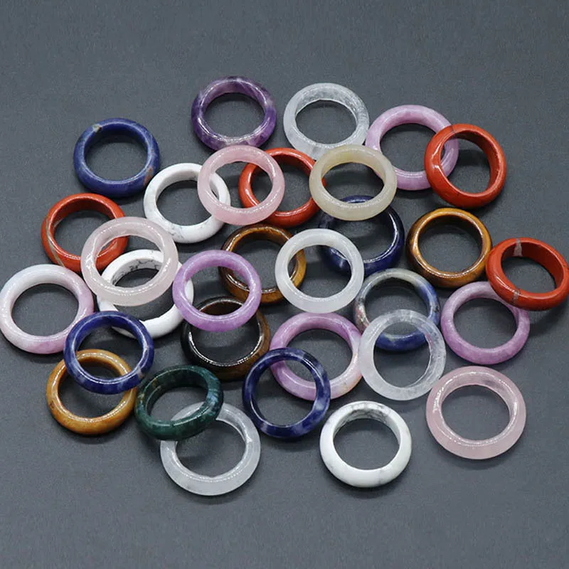 

Fashion 12pcs Natural Stone Rings Wide 6mm Amethysts rose quartz Tiger's Eye Agates Crystal Women Finger Ring Party Wedding Gift