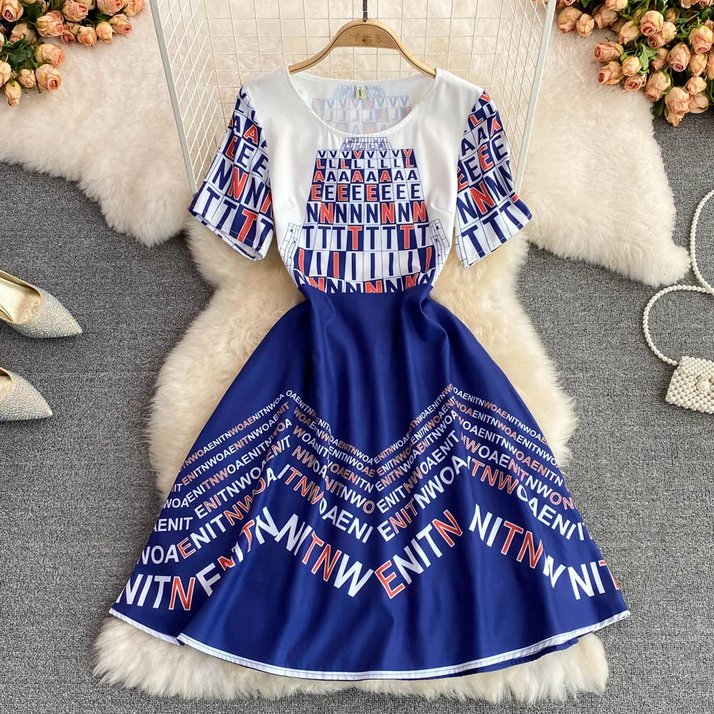 

YIZZHOY Summer New Women Round Neck High Waist Slim Medium Length Dress Fashion Casual Printed a-Line Short Sleeved Dresses