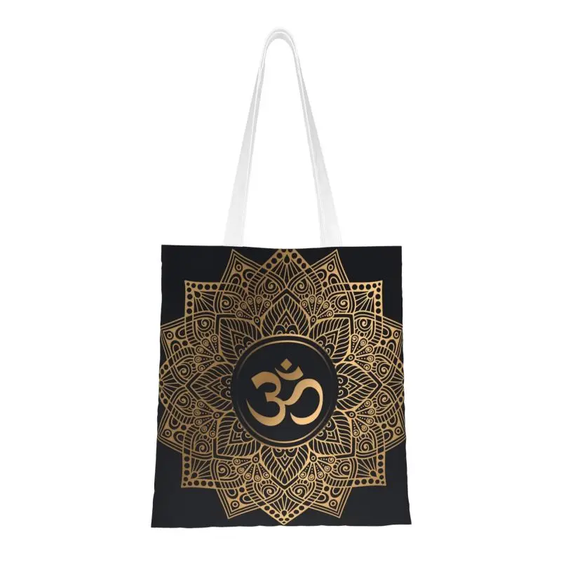 

Золотая сумка для покупок с мандалой, Холщовая Сумка-тоут через плечо, моющаяся Золотая Мандала Om Yoga Aum Ом хна, сумки для покупок для продуктов