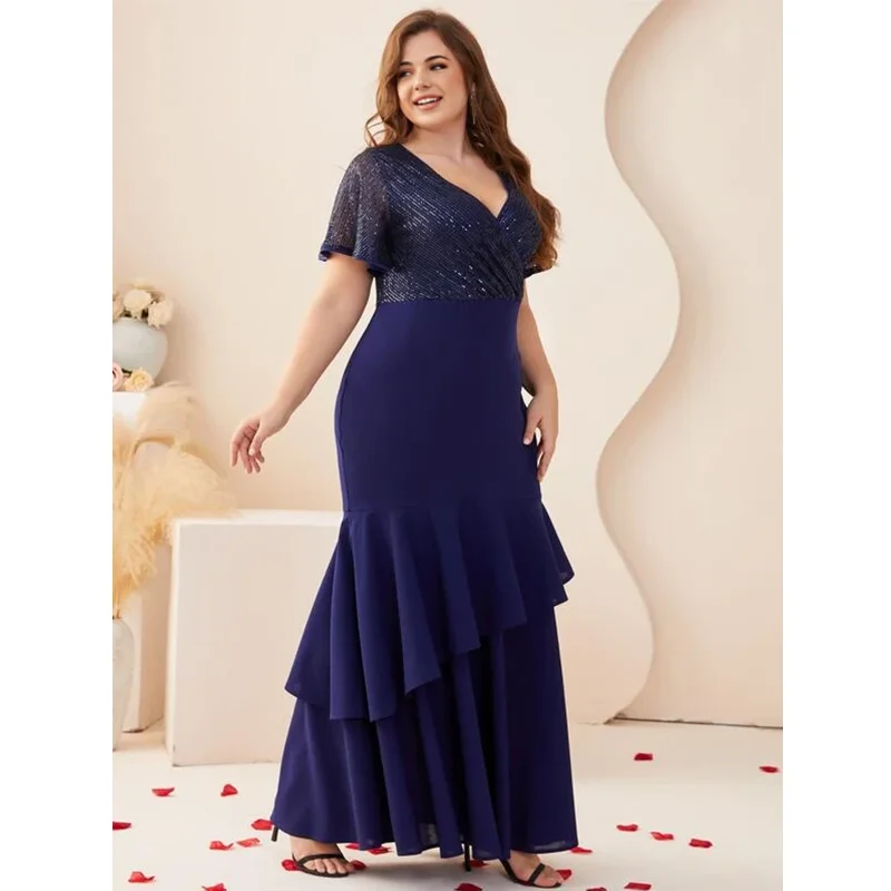 Summer Plus Size 4XL5XL Royal Blue Sequin Short Sleeve V Neck Dress Elegant Luxury Party Maxi Fishtail Dresses 2023 Plus Size