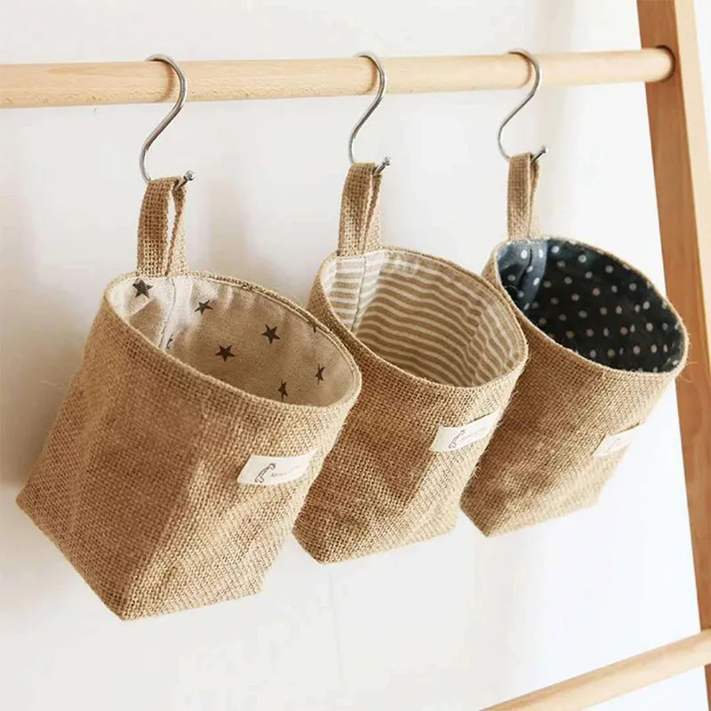 

1pcs Decor Stripe Hanging Pocket Small Sack Sundries Organizer Cosmetic Organiser Cotton Linen Storage Bag Storage Baskets