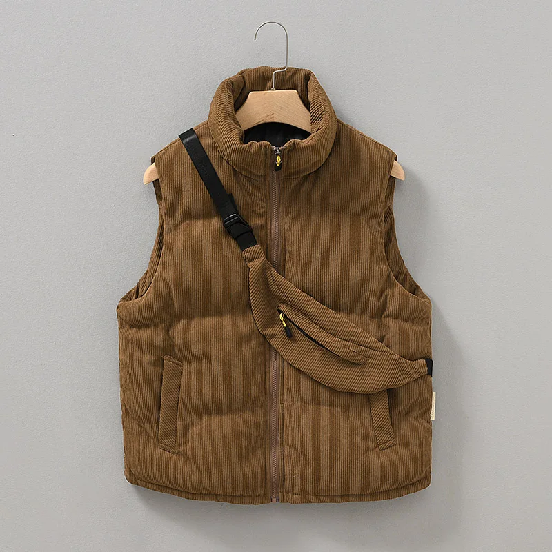 

Solid Color Winter Fashion Thicken Corduroy Cotton Padded Warm Waistcoats Japan Style Simple Casual Vintage Sleeveless Vest Tops
