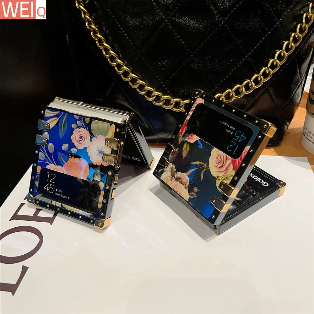 

Luxury Blue-Ray Big Flower Square Case For Samsung Galaxy Z Flip 3 Z Flip 4 5G Bling Glitter Leopard Shockproof Cover Fundas