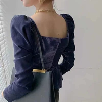 ladies brand design shirts women new spring clothes french style vintage blue velvet square collar puff sleeve chic tops elegant