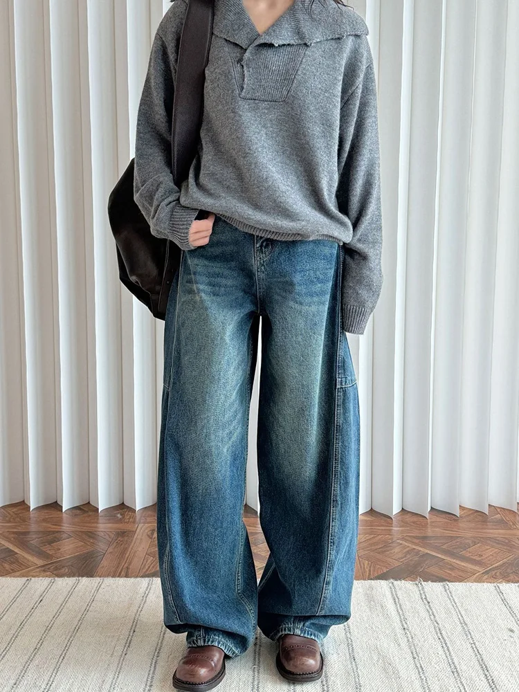 Женские винтажные мешковатые джинсы из толстого флиса зима 2024 женская уличная