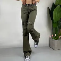 Flare Cargo Pants Y2k Mid Waist Women Jeans Pockets Skinny Straight Green Denim Trouser Chic Korean Fashion Urban Streetwear New