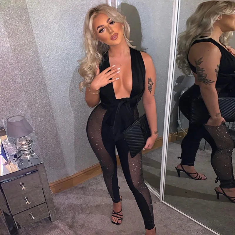 

Женские прозрачные сетчатые облегающие комбинезоны с блестками, соблазнительные облегающие комбинезоны без рукавов с глубоким V-образным ...