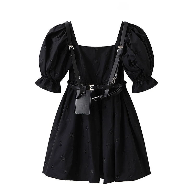 

Black Square Collar Short Puff Sleeve Y2K Dress Women Dark Grunge Aesthetic Techwear Embroidery Detachable Belt Slim Mini Dress