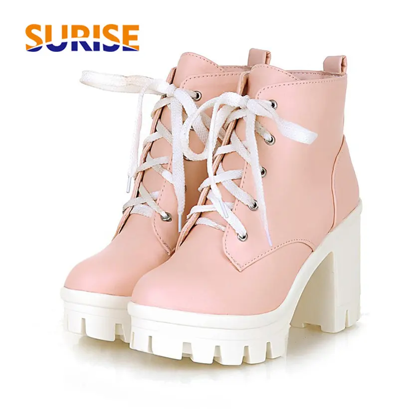 

2022 Winter Women Plush Snow Ankle Boots Black Pink High Chunky Block Heel Casual Office Lady Sexy Lace-up Platform Martin Boots