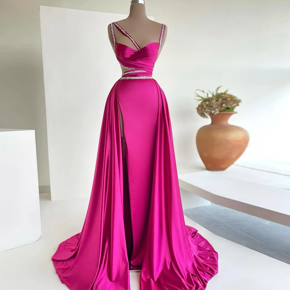 

Elegant Evening Dress Square Collar Spaghetti Straps Prom Dress Sexy Satin Sweep Train Trumpet Side Split Robes De Soirée