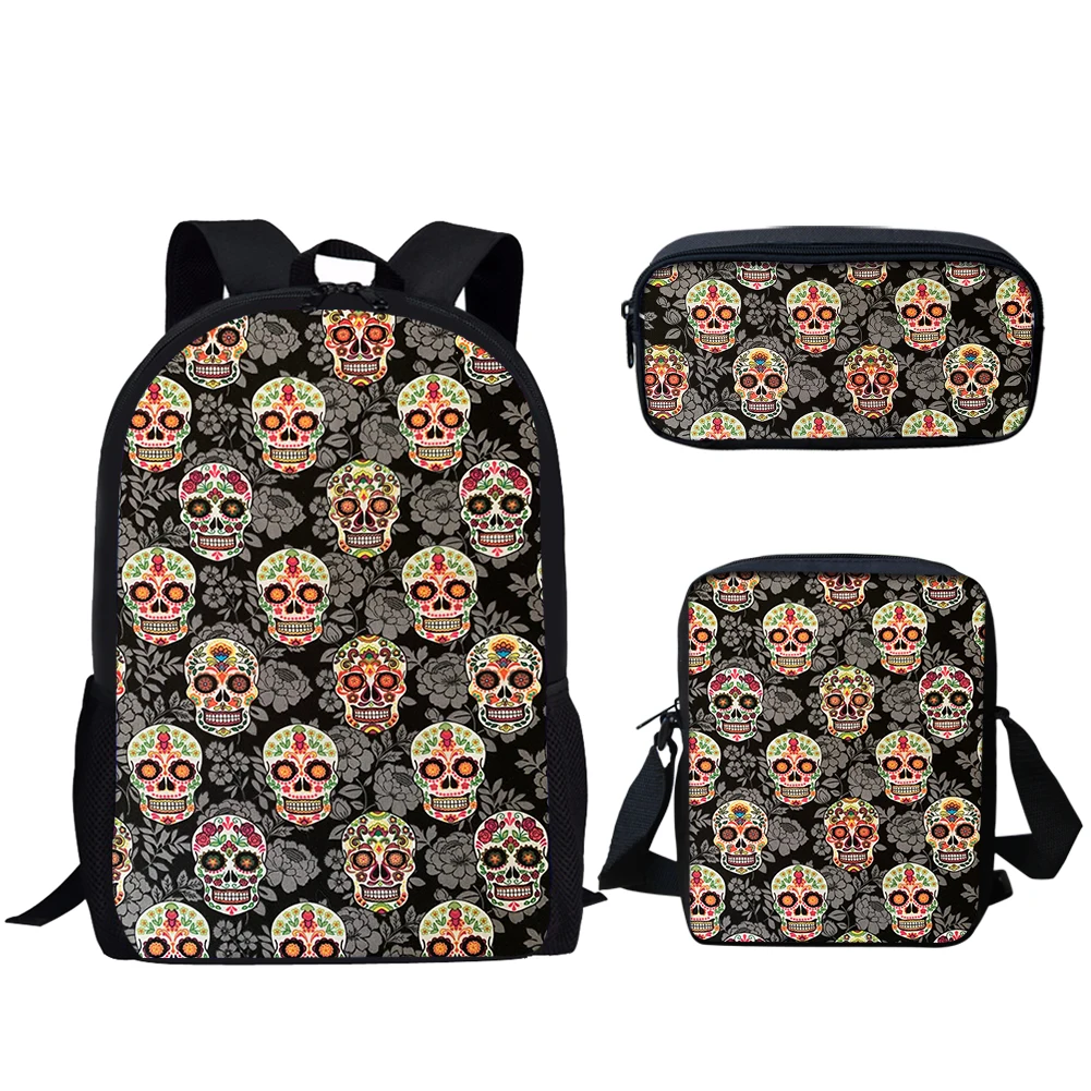 Belidome Casual 3Set School Bag Sugar Skull Print Lightweight Backpack for Teen Boys Girls Travel Bookbag Back to School