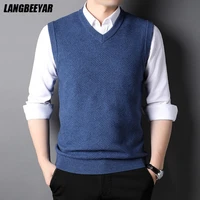 top grade new fashion brand knit pullover v neck sleeveless sweater vest men sleeveless preppy edgy casual mens clothes 2022