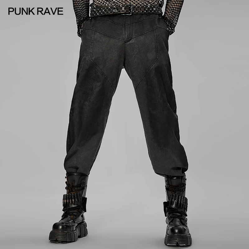 PUNK RAVE Men's Post-apocalyptic Style Woven Spray Painting Process Tatting Pants Simple Design Personalized Casual Trousers